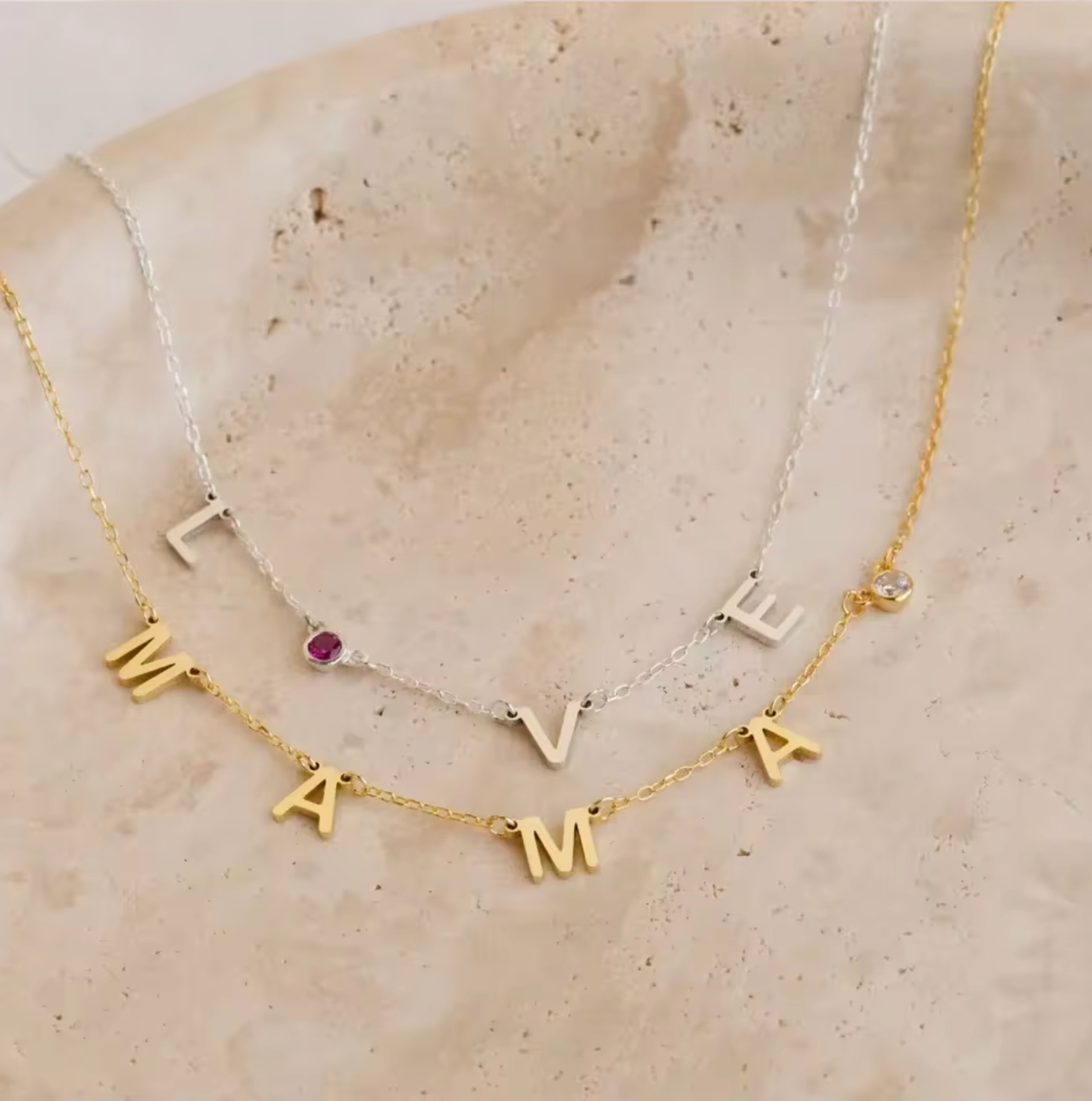 WATERPROOF BIRTHSTONE LETTER NECKLACE • GOLD SILVER CHAIN • STAINLESS STEEL